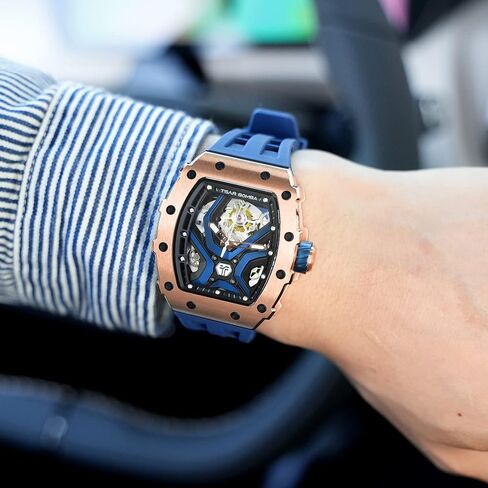 TSAR BOMBA Automatic Watch for Men, 50M Waterproof Tonneau Mens Watches, Luxury Mechanical Skeleton Analog Watches, Silicone Watch Bands Black Watch, Christmas Gifts for Men in Kuwait