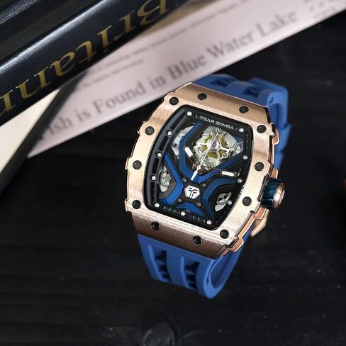 TSAR BOMBA Automatic Watch for Men, 50M Waterproof Tonneau Mens Watches, Luxury Mechanical Skeleton Analog Watches, Silicone Watch Bands Black Watch, Christmas Gifts for Men in Kuwait