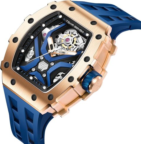 TSAR BOMBA Automatic Watch for Men, 50M Waterproof Tonneau Mens Watches, Luxury Mechanical Skeleton Analog Watches, Silicone Watch Bands Black Watch, Christmas Gifts for Men in Kuwait