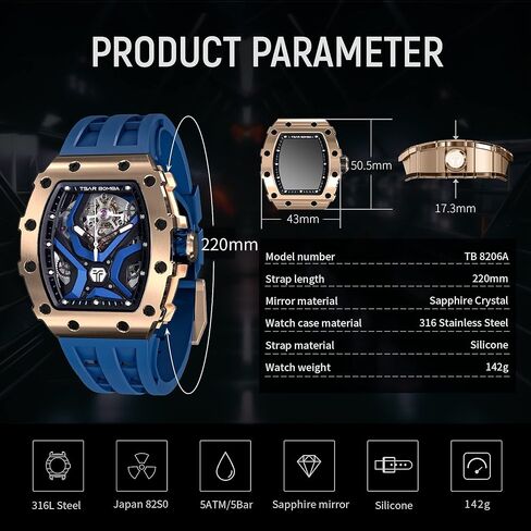 TSAR BOMBA Automatic Watch for Men, 50M Waterproof Tonneau Mens Watches, Luxury Mechanical Skeleton Analog Watches, Silicone Watch Bands Black Watch, Christmas Gifts for Men in Kuwait