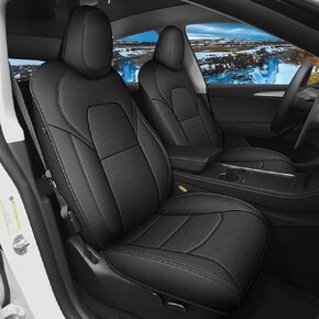 2 أغطية مقاعد أمامية تناسب طراز Tesla Model Y 2024 2023 2022 2021 2020: أغطية مقاعد سيارة جلدية مقاومة للماء (مقعدين، أسود)