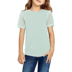 Arshiner Girls Shirt Cute Puff Sleeves Short Sleeves T Shirt for Girls Polka Swiss Dots Summer Blouse for Girls Tunic Tee Top