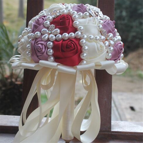 USIX Handcraft Popular Satin Rose Rhinestone Brooch Flower Pearl Bridal Holding Wedding Bouquet Wedding Flower Arrangements Bridesmaid Bouquet(Dark Purple+Ivory) in Kuwait