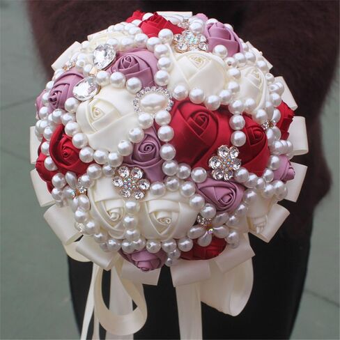 USIX Handcraft Popular Satin Rose Rhinestone Brooch Flower Pearl Bridal Holding Wedding Bouquet Wedding Flower Arrangements Bridesmaid Bouquet(Dark Purple+Ivory) in Kuwait