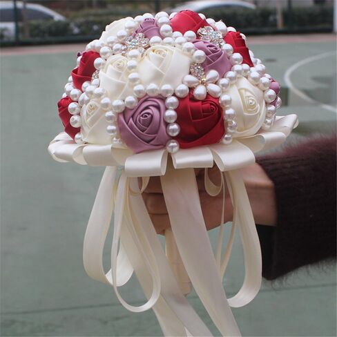 USIX Handcraft Popular Satin Rose Rhinestone Brooch Flower Pearl Bridal Holding Wedding Bouquet Wedding Flower Arrangements Bridesmaid Bouquet(Dark Purple+Ivory) in Kuwait