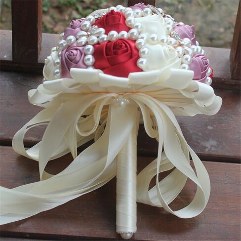USIX Handcraft Popular Satin Rose Rhinestone Brooch Flower Pearl Bridal Holding Wedding Bouquet Wedding Flower Arrangements Bridesmaid Bouquet(Dark Purple+Ivory) in Kuwait