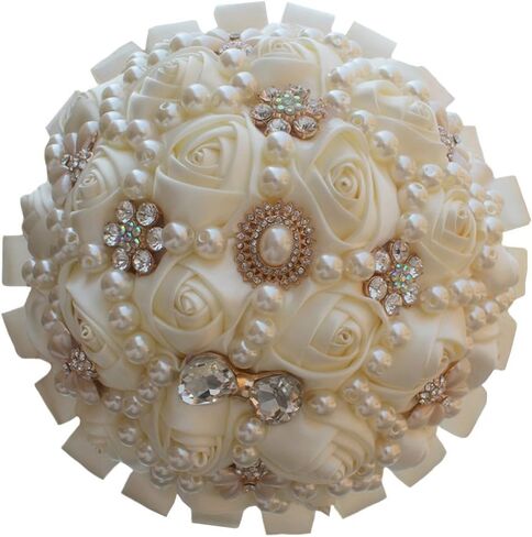 USIX Handcraft Popular Satin Rose Rhinestone Brooch Flower Pearl Bridal Holding Wedding Bouquet Wedding Flower Arrangements Bridesmaid Bouquet(Dark Purple+Ivory) in Kuwait