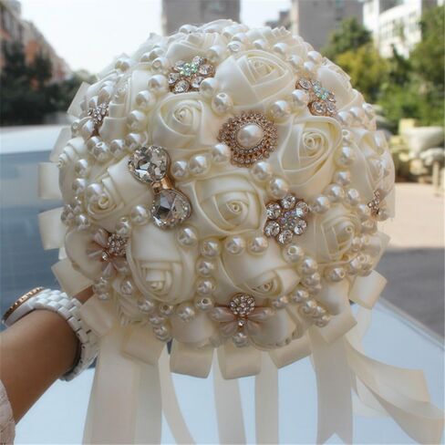 USIX Handcraft Popular Satin Rose Rhinestone Brooch Flower Pearl Bridal Holding Wedding Bouquet Wedding Flower Arrangements Bridesmaid Bouquet(Dark Purple+Ivory) in Kuwait