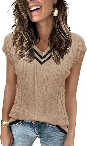 LOMON Womens V Neck Sweater Vest Cap Sleeve Cable Knit Casual Loose Fit Pullover Sleeveless Tank Top in Kuwait