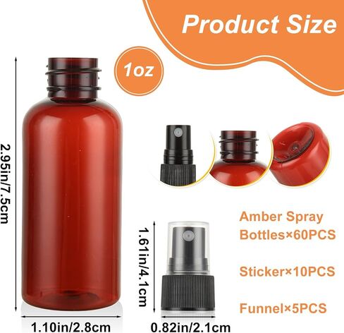 60 Pcs 2 oz Amber Spray Bottles with Sticker and Funnel, Anti-UV Empty Fine Mist Mini Plastic Spray Bottles, Refillable Small Spray Bottle for Essential Oils and Various Liquids in Kuwait