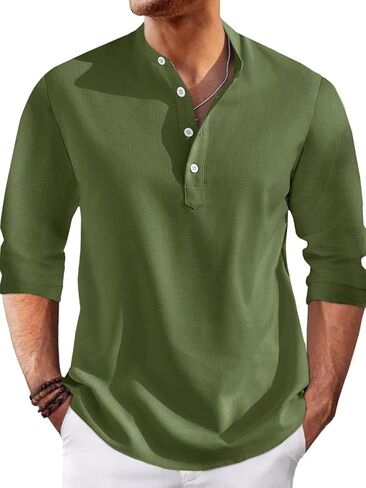 Runcati Mens Linen Henley Shirts Casual Lightweight 3/4 Sleeve Top Summer Beach Yoga Hippie T-Shirts in Kuwait