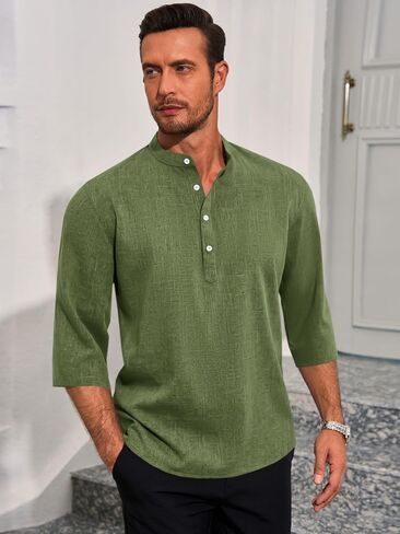 Runcati Mens Linen Henley Shirts Casual Lightweight 3/4 Sleeve Top Summer Beach Yoga Hippie T-Shirts in Kuwait