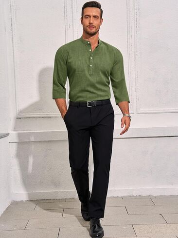 Runcati Mens Linen Henley Shirts Casual Lightweight 3/4 Sleeve Top Summer Beach Yoga Hippie T-Shirts in Kuwait