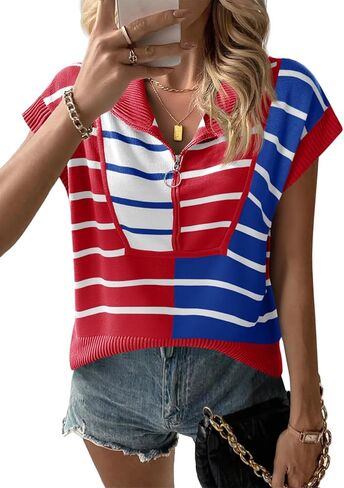 Saodimallsu Womens Quarter Zip Crop Tops Summer Striped Cap Sleeve Color Block V Neck Going Out Knit Trendy Sweater in Kuwait