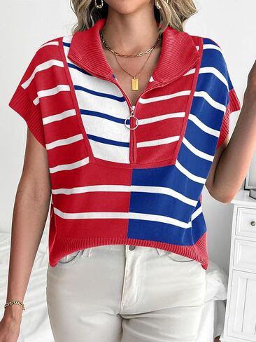 Saodimallsu Womens Quarter Zip Crop Tops Summer Striped Cap Sleeve Color Block V Neck Going Out Knit Trendy Sweater in Kuwait