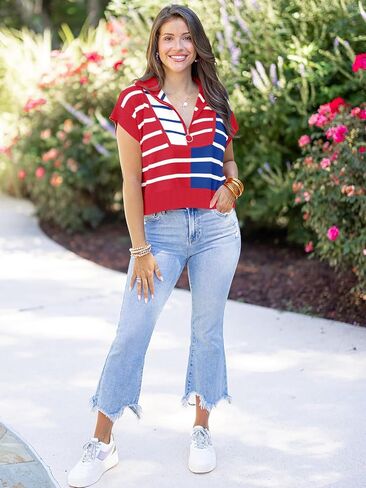 Saodimallsu Womens Quarter Zip Crop Tops Summer Striped Cap Sleeve Color Block V Neck Going Out Knit Trendy Sweater in Kuwait