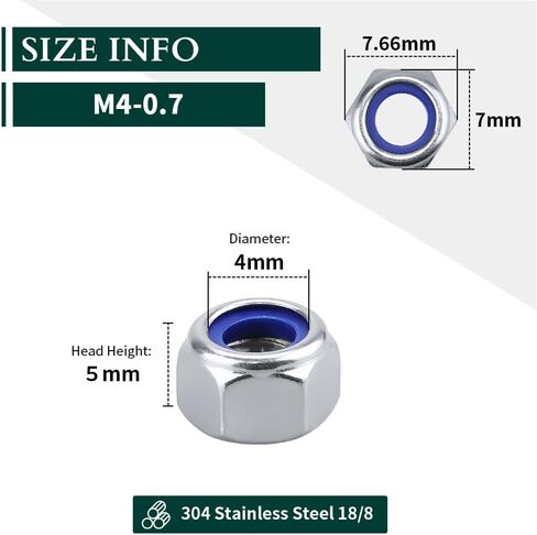M6-1.0 (100 pcs) Nylon Insert Hex Lock Nuts 304 Stainless Steel 18-8 Locknut, Bright Finish, DIN985 in Kuwait