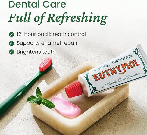 [Euthymol] Natural Flouride-Free Formula/Strong Mint Flavor for Fresh Breath, 3.7 oz | Classic Pink Toothpaste for Fresh Breath, Plaque & Tartar Remover | Travel Size Aluminum Recyclable Tube in Kuwait