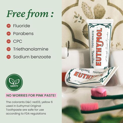 [Euthymol] Natural Flouride-Free Formula/Strong Mint Flavor for Fresh Breath, 3.7 oz | Classic Pink Toothpaste for Fresh Breath, Plaque & Tartar Remover | Travel Size Aluminum Recyclable Tube in Kuwait