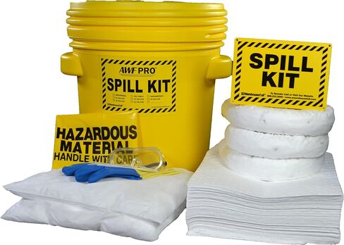 AWF PRO 20 Gallon Universal Spill Kit - 59 Pieces. Perfect for Absorbing Spills of Oils, Coolants, Solvents, & Water. Includes 20g DOT Approved Drum, Universal Socks, Pads & Pillows, & Accessories in Kuwait