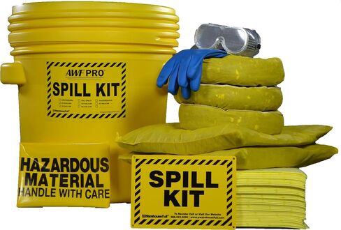 AWF PRO 20 Gallon Universal Spill Kit - 59 Pieces. Perfect for Absorbing Spills of Oils, Coolants, Solvents, & Water. Includes 20g DOT Approved Drum, Universal Socks, Pads & Pillows, & Accessories in Kuwait