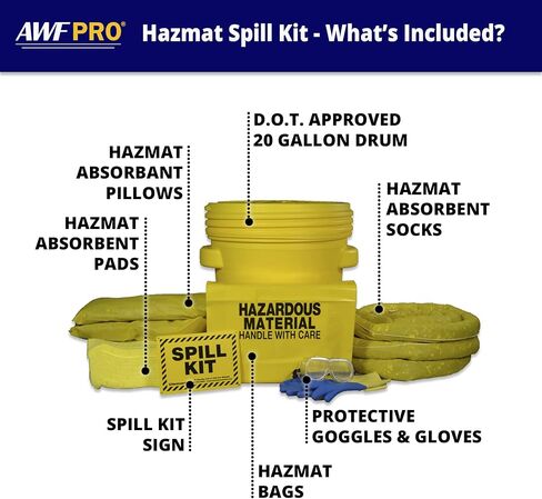 AWF PRO 20 Gallon Universal Spill Kit - 59 Pieces. Perfect for Absorbing Spills of Oils, Coolants, Solvents, & Water. Includes 20g DOT Approved Drum, Universal Socks, Pads & Pillows, & Accessories in Kuwait