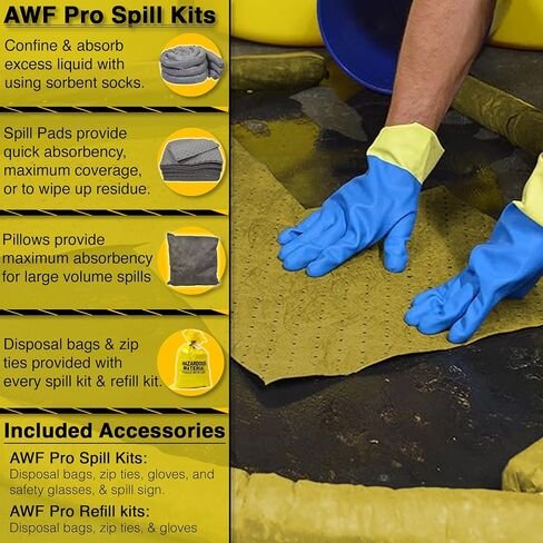 AWF PRO 20 Gallon Universal Spill Kit - 59 Pieces. Perfect for Absorbing Spills of Oils, Coolants, Solvents, & Water. Includes 20g DOT Approved Drum, Universal Socks, Pads & Pillows, & Accessories in Kuwait