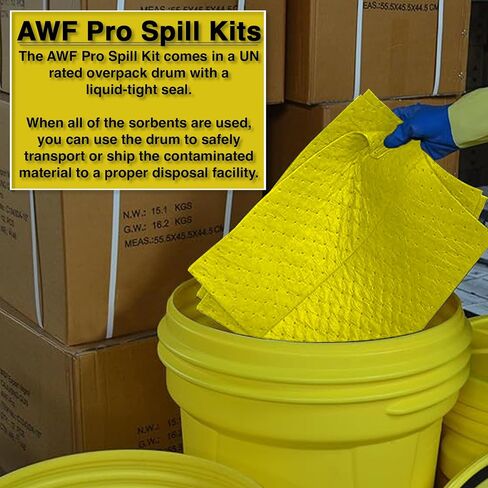 AWF PRO 20 Gallon Universal Spill Kit - 59 Pieces. Perfect for Absorbing Spills of Oils, Coolants, Solvents, & Water. Includes 20g DOT Approved Drum, Universal Socks, Pads & Pillows, & Accessories in Kuwait