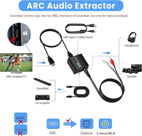 محول HDMI ARC، مستخرج صوت ARC مع TOSLINK SPDIF/محوري وتناظري رقمي 3.5 مم L/R ستيريو HDMI ARC إلى RCA محول صوت متوافق مع مكبر صوت HDTV in Kuwait