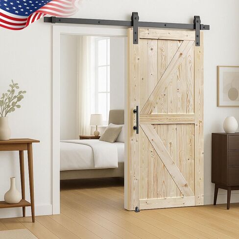 S&Z TOPHAND® 28in x 84in Unfinished British Brace Knotty Barn Door with 5FT Sliding Door Hardware Kit/Solid Wood/Sliding Door/Double Surfaces/A Simple Assembly is Required in Saudi Arabia