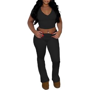 Women's 2 Piece Lounge Sets Fold Over Flare Yoga Pants Set Long Sleeve Cropped Top Casual Y2K Outfits Pajamas
