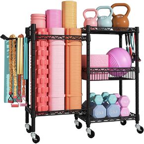 S1 Home Gym Storage، منظم معدات التمرين من 3 طبقات مع عجلات لسجادات اليوغا، الأسطوانة الإسفنجية، الدمبل، أجراس كيتل، وأشرطة المقاومة، 47.4 بوصة ارتفاع × 27.5 بوصة طول × 11.8 بوصة عمق، أسود