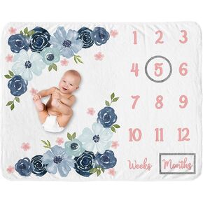 Sweet Jojo Designs Watercolor Floral Girl Milestone Blanket Monthly Newborn First Year Growth Mat Baby Shower Memory Keepsake Gift Picture - Blush Pink, Grey and White Boho Shabby Chic Rose Flower in Kuwait