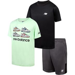 New Balance Boys' Active Shorts Set - 3 Piece Short Sleeve T-Shirt and Performance Shorts - Summer Outfit for Boys (4-12)