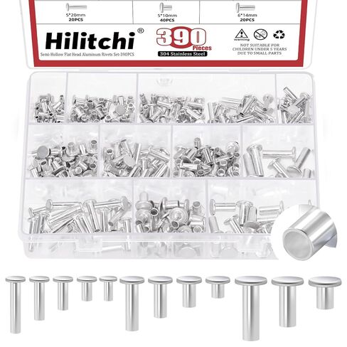 Hilitchi 390PCS M4 M5 M6 Aluminum Flat Head Semi-Tubular Rivets Assortment Kits Aluminum Round Flat Head Rivet Silver Round Semi Tubular Rivets for Craft Repairs Decoration in Kuwait