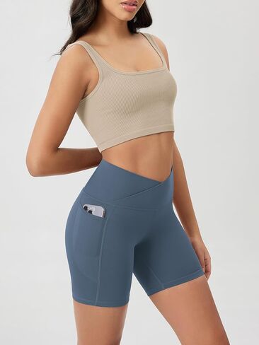ODODOS Cloud Feeling Cross Waist Yoga Shorts with Pockets for Women, 6" Crossover High Waist Lounge Biker Shorts in Kuwait