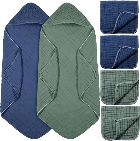 6 قطع من مناشف الاستحمام ومناشف الاستحمام بغطاء للرأس من VitalCozy، مقاس 32 × 32 بوصة من قطن الموسلين، مناشف أطفال بغطاء للرأس باللون الأزرق والأخضر الماصة، بطانيات بغطاء للرأس للأطفال حديثي الولادة ومستلزمات الأطفال حديثي الولادة in Kuwait