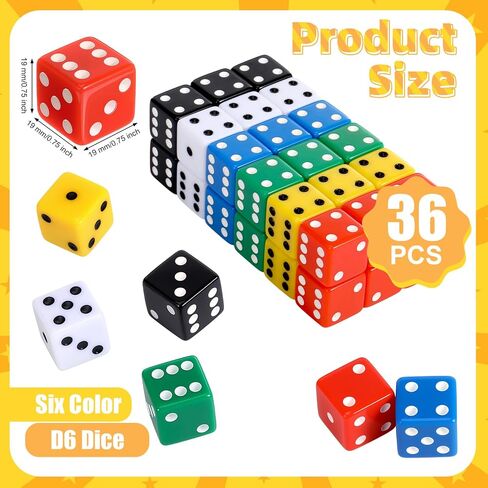 36 Piece 19mm Casino Theme Party Dice Sets Acrylic Large D6 Dice Bulk Red, Black, White Opaque Dice for Casino Theme Party Board Games Birthday Party Supply in Saudi Arabia