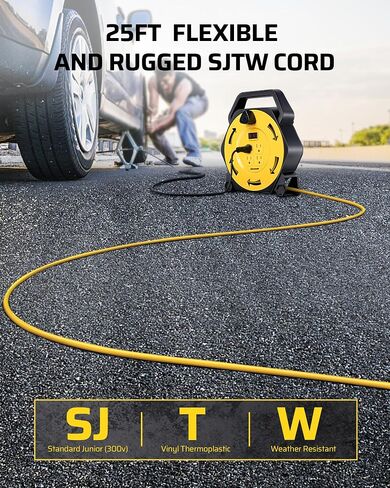 بكرة سلك تمديد من DEWENWILS مع سلك طاقة بطول 25 قدمًا، قابل للسحب للرياح اليدوية، 16/3 AWG SJTW، 4 منافذ مؤرضة، قاطع دائرة 13 أمبير، أصفر، أسود، مدرج في قائمة UL in Kuwait