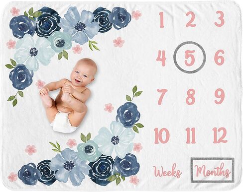 تصميمات Sweet Jojo ذات الألوان المائية، بطانية مايلستون للفتيات شهريًا، سجادة نمو لحديثي الولادة في السنة الأولى، صورة هدية تذكارية لذكرى استحمام الطفل - وردي أحمر الخدود، رمادي وأبيض بوهو رث شيك روز فلاور in Kuwait