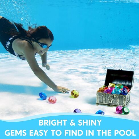 ألعاب حمام السباحة Sloosh Diving Gems، 16 ماسة كبيرة ملونة مع صندوق كنز القراصنة، لعبة غوص السباحة للأطفال تحت الماء من الأحجار الكريمة للتدريب على السباحة هدية ألعاب مائية ألعاب حمام السباحة (ذهبي) in Kuwait