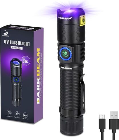 DARKBEAM UV 365nm Flashlight Black Light LED، مشاعل الأشعة فوق البنفسجية، مصباح أخشاب USB -C قوي قابل لإعادة الشحن، مقاوم للماء قابل للتركيز، كشف تسرب بول الحيوانات الأليفة والتيار المتردد، لعلاج الراتنج in Kuwait