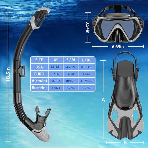 Snorkeling Gear for Adults, Mask Fin Snorkel Set, Dry Top Snorkel, Snorkeling Kit Travel Diving Package, Panoramic View Anti-Fog Anti-Leak (S/M) in Saudi Arabia