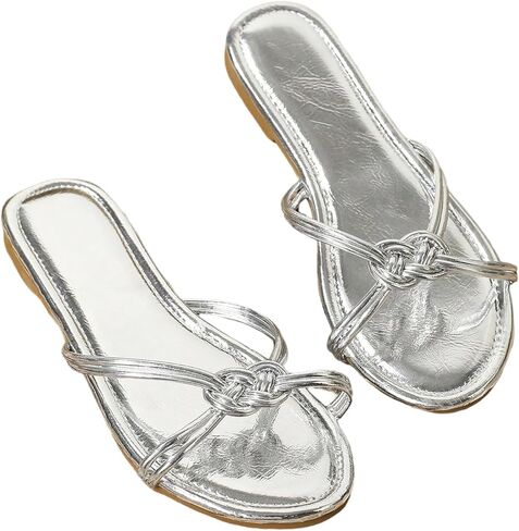 صندل نسائي من GORGLITTER بأشرطة مضفرة ومقدمة مفتوحة ومسطحة معدنية وشرائح أنيقة in Kuwait