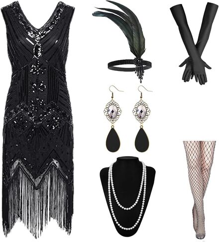 Women's 1920S Sequin Fringed Gatsby Flapper Dress with Roaring 20s Accessories in Saudi Arabia