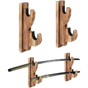 Sword Wall Mount,1-Pair Upscale Hook Sword Stand,Sword Hook,Solid Wood Two-Layer Wall Mounted Samurai Sword Hanger Display Holder,for Katana Wakizashi Tanto Sword Weapon Rack (Black) in Kuwait