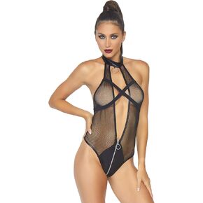 Leg Avenue Women's Fishnet Plunging X-Strap Thong Bottom Teddy with O-Ring Halter, Black, Medium-Large