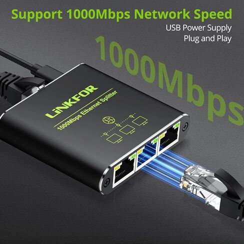 LiNKFOR Ethernet Splitter 1 in 2 Out,1000Mbps High Speed Ethernet Splitter RJ45 Network Extension Connector with USB Type C Cable Gigabit Ethernet Switch Network Sharing for Cat8 Cat7 Cat6 Cat5 Cat5e in Kuwait