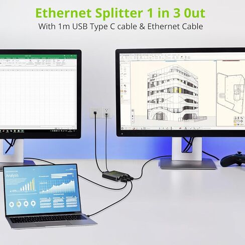 LiNKFOR Ethernet Splitter 1 in 2 Out,1000Mbps High Speed Ethernet Splitter RJ45 Network Extension Connector with USB Type C Cable Gigabit Ethernet Switch Network Sharing for Cat8 Cat7 Cat6 Cat5 Cat5e in Kuwait