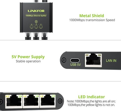 LiNKFOR Ethernet Splitter 1 in 2 Out,1000Mbps High Speed Ethernet Splitter RJ45 Network Extension Connector with USB Type C Cable Gigabit Ethernet Switch Network Sharing for Cat8 Cat7 Cat6 Cat5 Cat5e in Kuwait